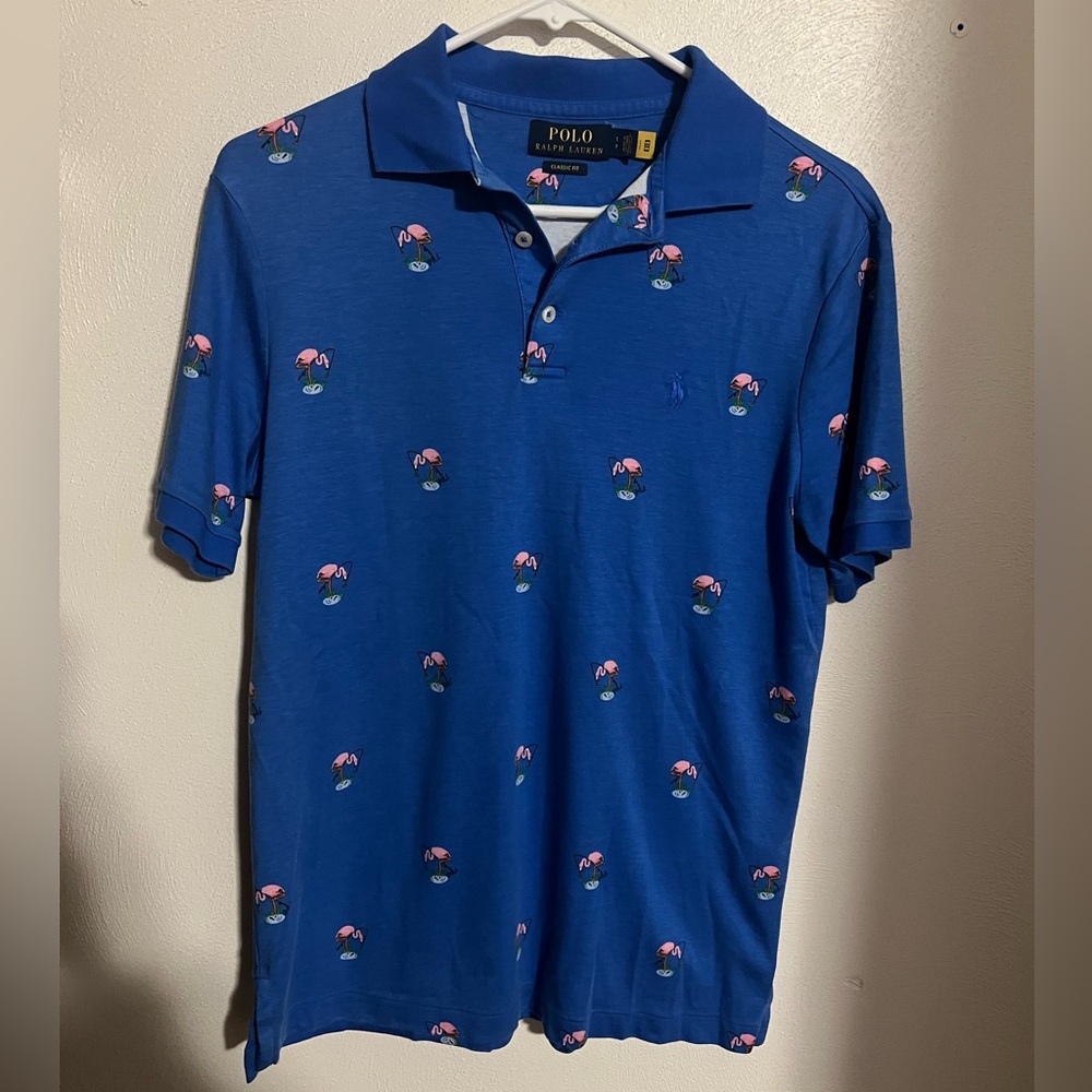 POLO RALPH LAUREN‎ Classic Flamingo Print Short Sleeve Polo Blue Pink Men's Sz S